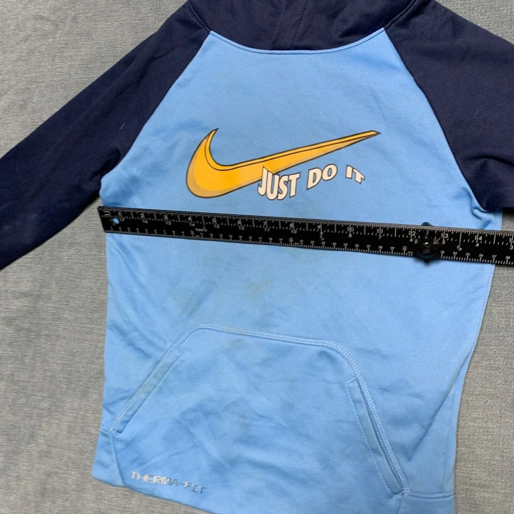 Nike Just Do It Therma Fit Hoodie Boys L Navy Blue Fleece Lined Kangaroo Pockets